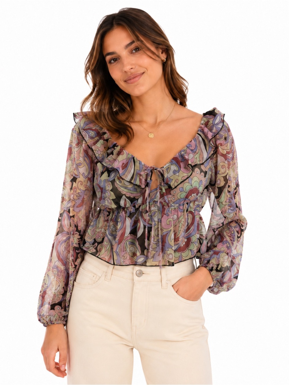 Evolutionary Sheer Paisley Boho Ruffle Top size Medium